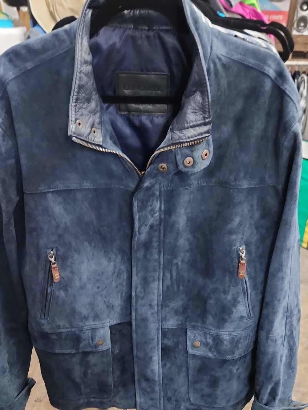 Men's Navy Suede Bomber Jacket - Unknown Brand